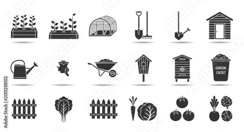 Gardening Icons Set With Plants Tools And Structures.