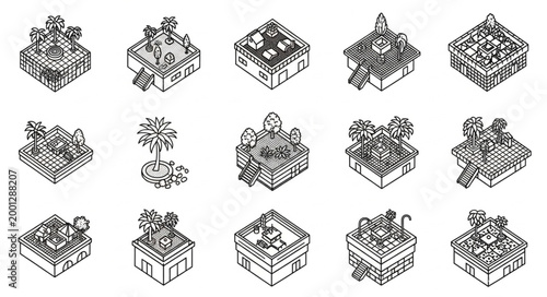 Collection of isometric game building icons in black and white sketch style.