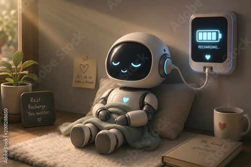 Robot's Self-Care Moment: A cute, resting robot enjoys a peaceful recharge moment, symbolizing tech-infused tranquility and self-care.