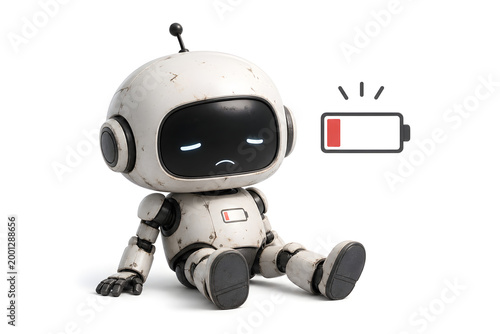 Robot's Battery Drain: A deactivated robot model, with a low-battery symbol overhead, illustrates the concept of technological limits and exhaustion.