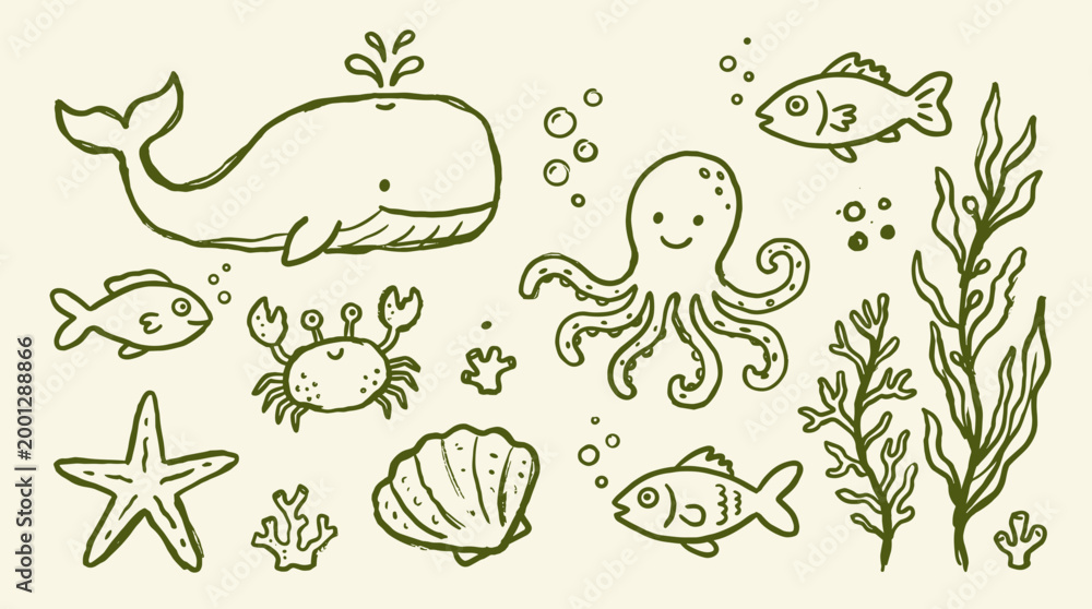 Obraz premium Charming hand-drawn underwater scene featuring a whale octopus crab starfish fish and seaweed in a playful doodle style on a light background