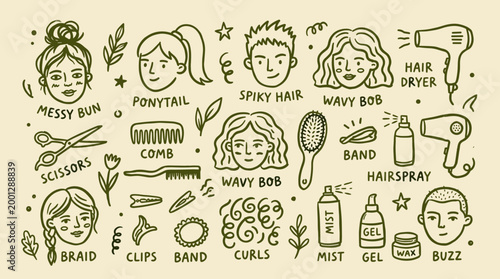 Hand drawn illustration of diverse hairstyles and hair care tools for beauty and personal grooming concepts