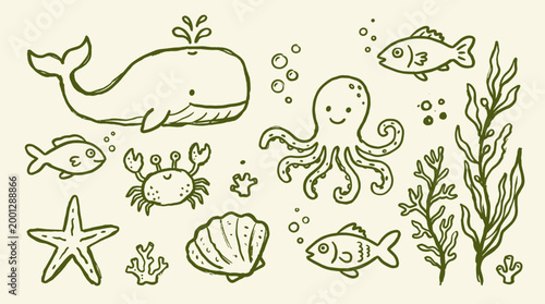 Charming hand-drawn underwater scene featuring a whale octopus crab starfish fish and seaweed in a playful doodle style on a light background