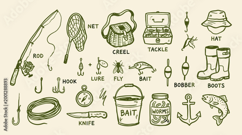 Vintage Fishing Gear Collection Assortment of Rod Reel Net Tackle Box Lure Hook Bait Worms Anchor and Boots for Outdoor Hobby