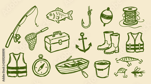 Collection of hand-drawn fishing equipment and accessories in a charming doodle style on a light background