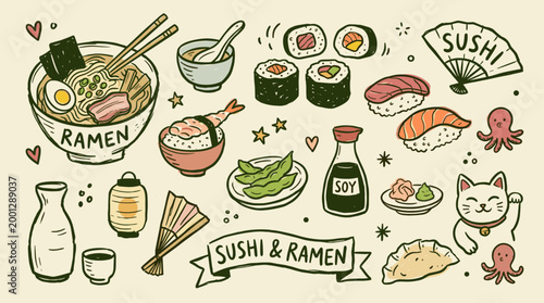 Hand drawn illustration of delicious Japanese ramen and sushi dishes with chopsticks and soy sauce, perfect for food blogs and culinary art.