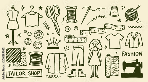 Hand drawn illustration of sewing and tailoring tools and fashion items with tailor shop text and sewing machine