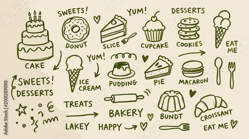 Hand drawn illustration of delicious bakery sweets and desserts like cake donut ice cream pie and croissant on a beige background