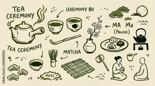 Japanese tea ceremony illustration with matcha tea set and cultural elements, hand-drawn sketch style, conveying harmony and mindfulness