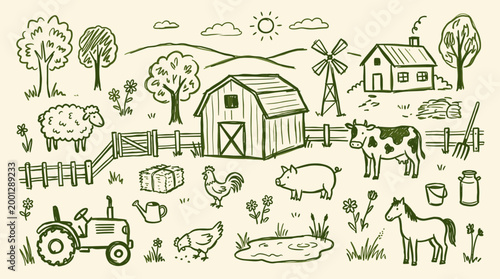 Charming hand drawn sketch of a vibrant farm scene with animals, buildings, and tractor, evoking rural life and agriculture.