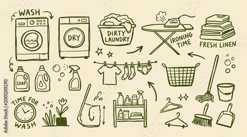 Hand drawn illustration of laundry room essentials including washing machine dryer clothes basket ironing board and cleaning supplies for domestic chores and household tasks