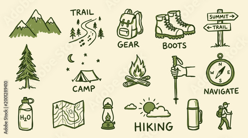 Collection of hand drawn hiking and camping icons representing outdoor adventure gear and activities like navigation, campfire, and mountain trails