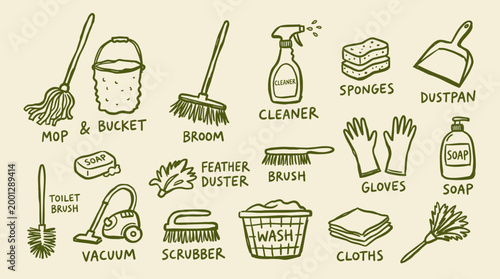 Collection of hand-drawn cleaning supplies and tools for household chores and home hygiene, presented in a simple, clean graphic style.