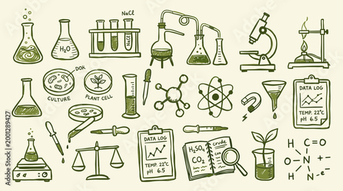 Drawn science laboratory equipment and elements for research and education, representing chemistry biology and physics experiments