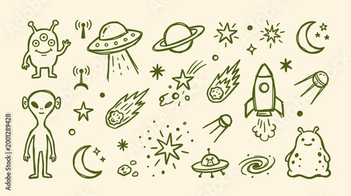 Whimsical doodle collection of space elements including aliens UFOs rockets planets stars and comets hand drawn style on a light background