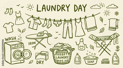 Doodle style illustration of laundry day with clothes drying on a line washing machine and ironing board, representing household chores and domestic tasks.