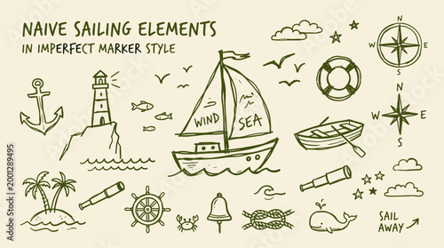 Nautical elements collection in a charming hand drawn marker style perfect for summer travel and adventure themes