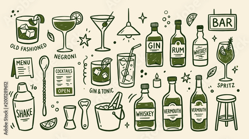 Hand drawn illustration of a bar scene with cocktails, bottles of spirits, and bar tools, conveying a festive and social atmosphere.