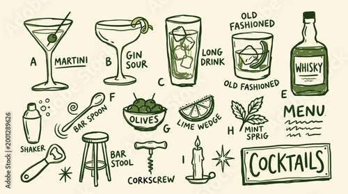 Hand drawn illustration of various cocktails and bar tools in a doodle style with a retro feel