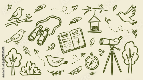 Birdwatching hobby illustration with binoculars telescope bird list and trees in a doodle style on a light green background