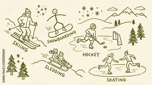 Winter sports illustration with skiing snowboarding hockey and skating activities in a snowy landscape