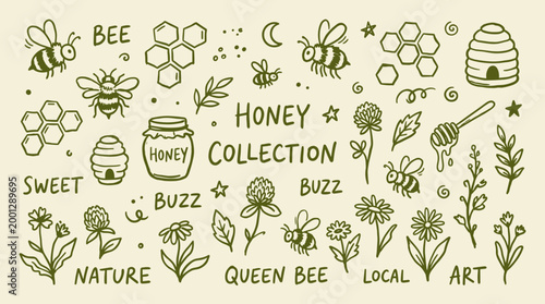 Hand drawn doodle collection of bees, honeycombs, flowers, and beehives with text for a sweet nature theme