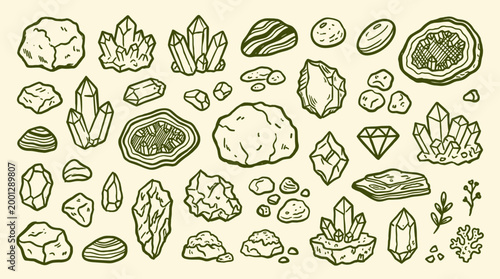 Collection of hand drawn geological minerals and crystals isolated on a light background, natural stone and gem illustrations for design