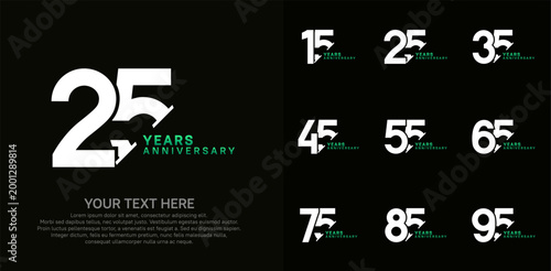 Anniversary logo set vector design, white and green color for celebration event