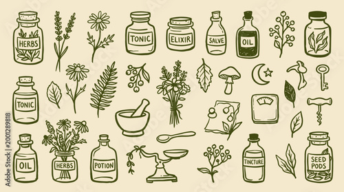 Vintage herbal remedies and natural medicine ingredients collection for holistic healing and apothecary crafting