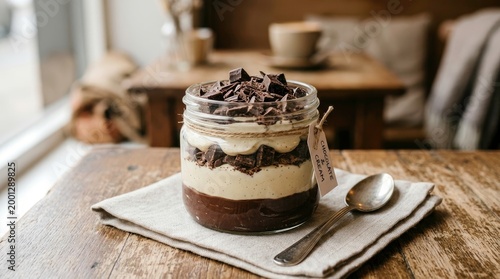 Chocolate parfait dessert in a mason jar with a spoon on wooden table, close up.