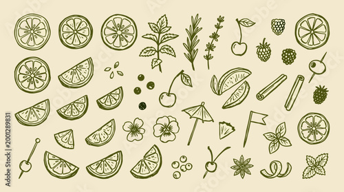 Hand drawn cocktail ingredients and garnishes for refreshing drinks and beverages collection on beige background