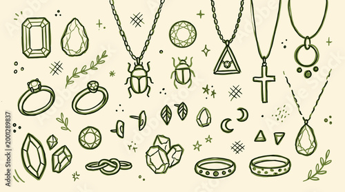 Hand drawn collection of mystical jewelry and gemstones with celestial and nature elements on a light background