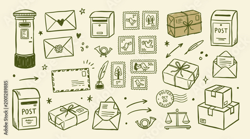 Hand drawn collection of postal service elements including mailboxes letters stamps and packages for communication and delivery concepts