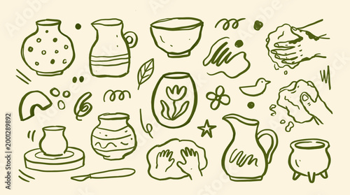 Hand drawn pottery crafting illustration with clay tools and ceramic vessels on a light background artistic hobby concept