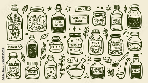 Vintage Apothecary Jars and Bottles Filled with Herbs Salves Elixirs and Potions for Natural Remedies and Holistic Healing