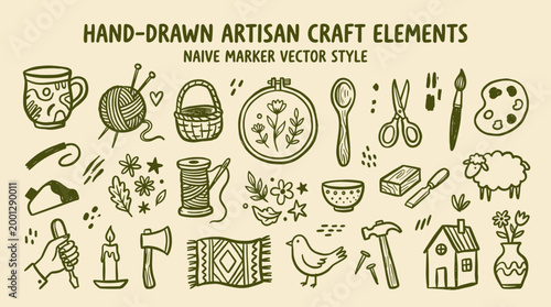 Hand drawn artisan craft elements collection naive marker style illustrations for creative projects and handmade hobbies