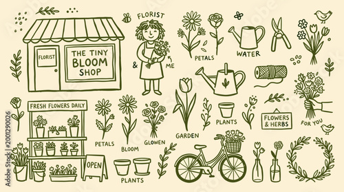Charming hand-drawn illustration of a small flower shop with a florist, plants, bicycle and gardening tools, evoking a whimsical and cozy atmosphere