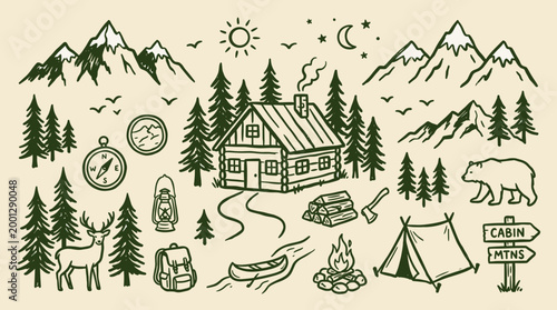 Hand drawn illustration of a rustic cabin in the woods with mountains, a bear, deer, campfire, and camping gear, evoking adventure and nature