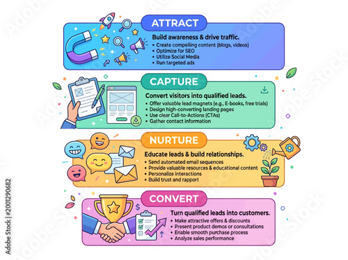 Infographic illustrating a lead generation funnel with four stages