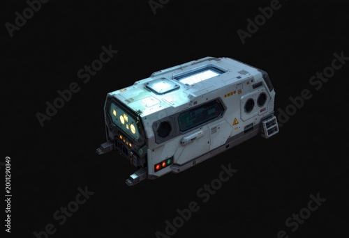 Futuristic, white medical/transport pod with glowing panels