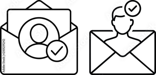Verified user email icon set. Mail envelope with a verified user profile and checkmark. UI and UX projects involving account verification, message confirmation, and secure communication systems.