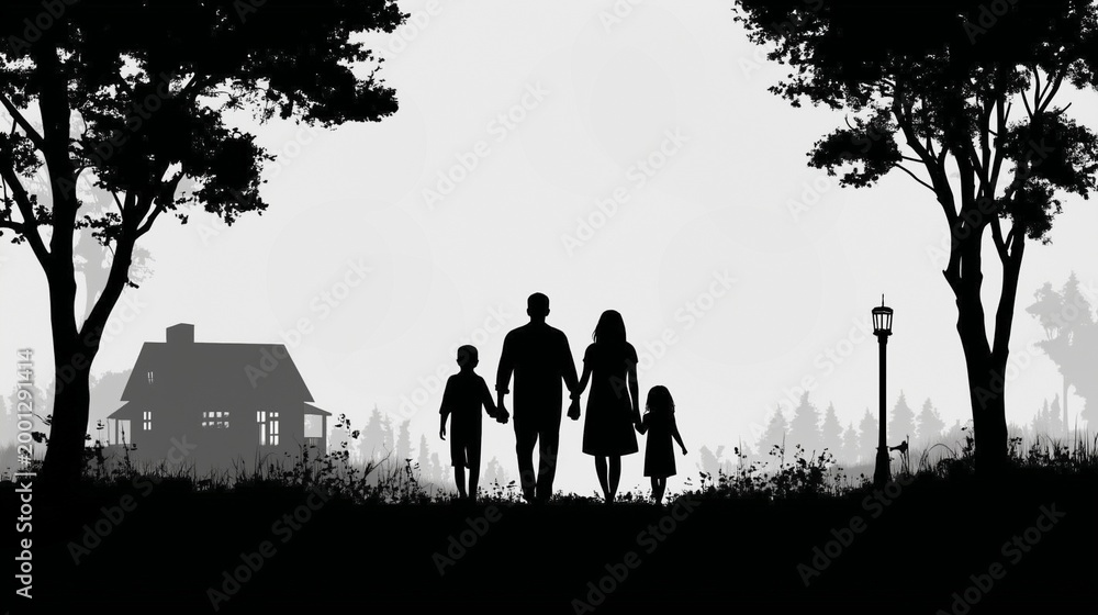 Fototapeta premium Silhouette of a Family Enjoying a Peaceful Evening Stroll Near Their Cozy Home