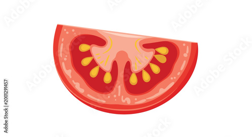 A single arc-shaped slice of a fresh red tomato showing partial internal seed chambers and moist flesh is presented against a plain white background surface.