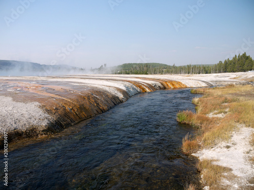 Firehole river banks with hot water creeks runoff from geysers in Yellowstone national park