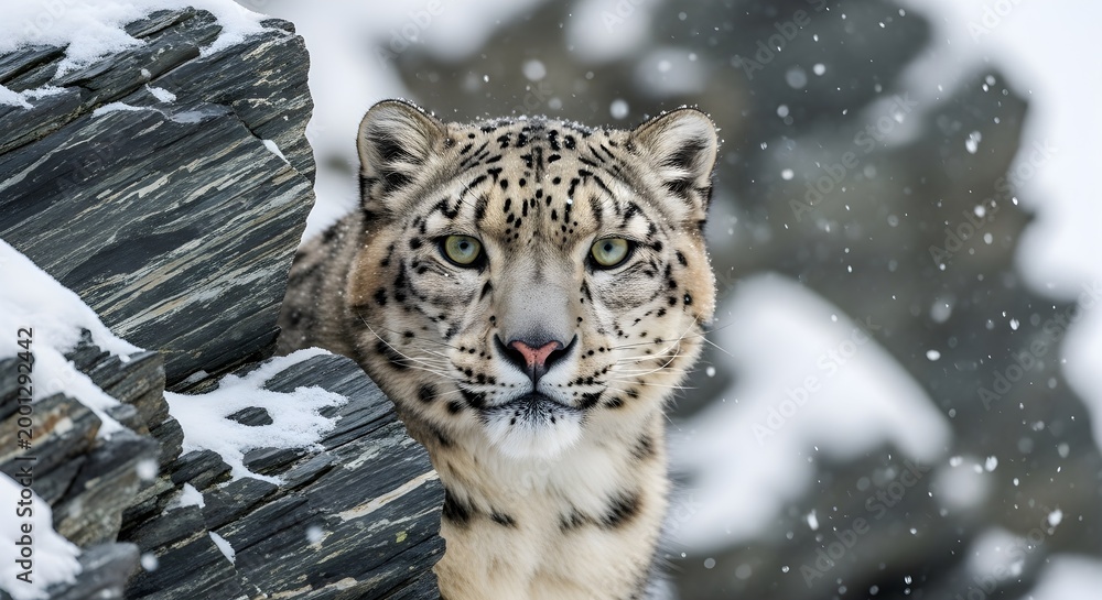 Obraz premium snow leopard portrait in snowy mountain landscape