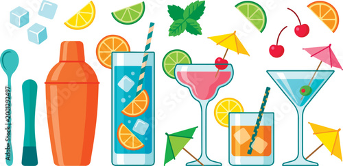 Cocktail glasses and shaker with fruit.