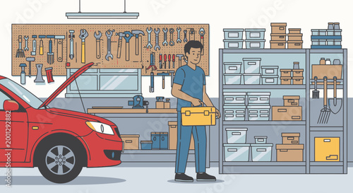 Mechanic with toolbox near red car in workshop environment