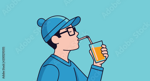 Young person drinking juice with straw in vector illustration style