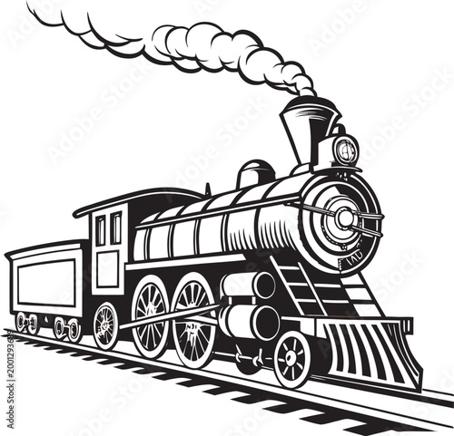 Old steam locomotive train traveling through a forest in vintage style.