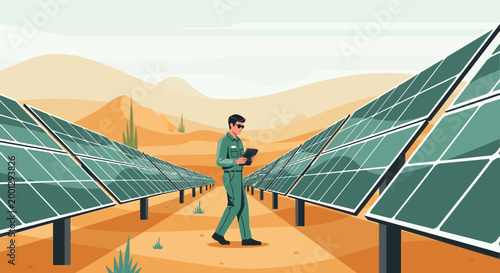 Solar Power Plant Technician Inspecting Panels in Desert Environment.